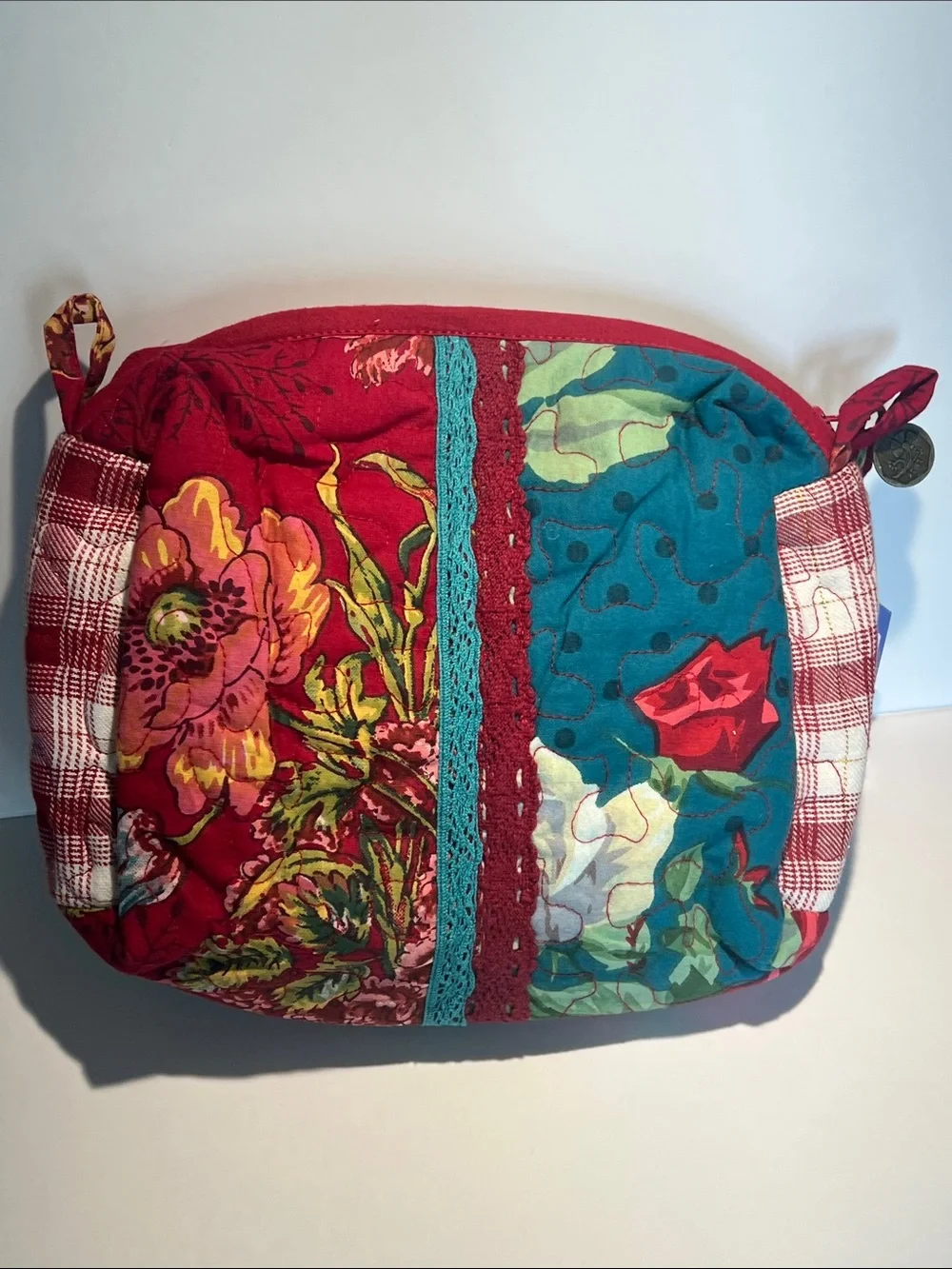 April Cornell Red Floral Quilted Cosmetic Crossbody with Teal Accents